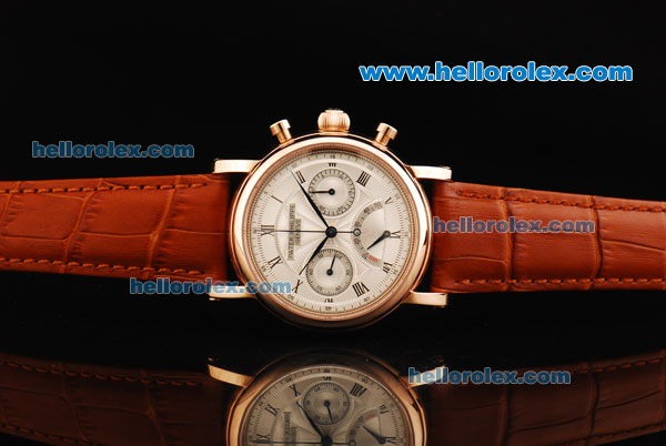 Patek Philippe Chronograph Swiss Valjoux 7750 Manual Winding Movement Rose Gold Case with White Dial and Brown Leather Strap - Click Image to Close